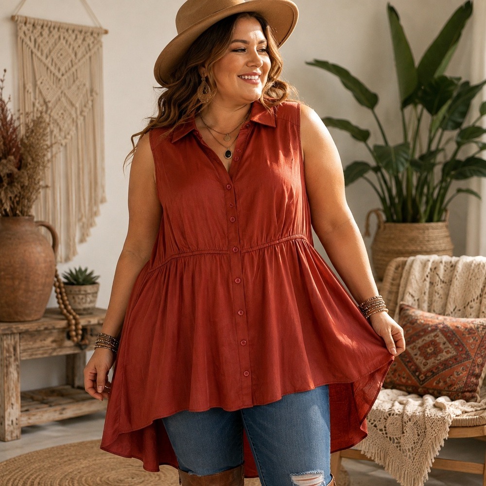 New Torrid Womens Button Up Hi-Low Tunic Top Plus Size 2X Rust Boho Chic Earthy